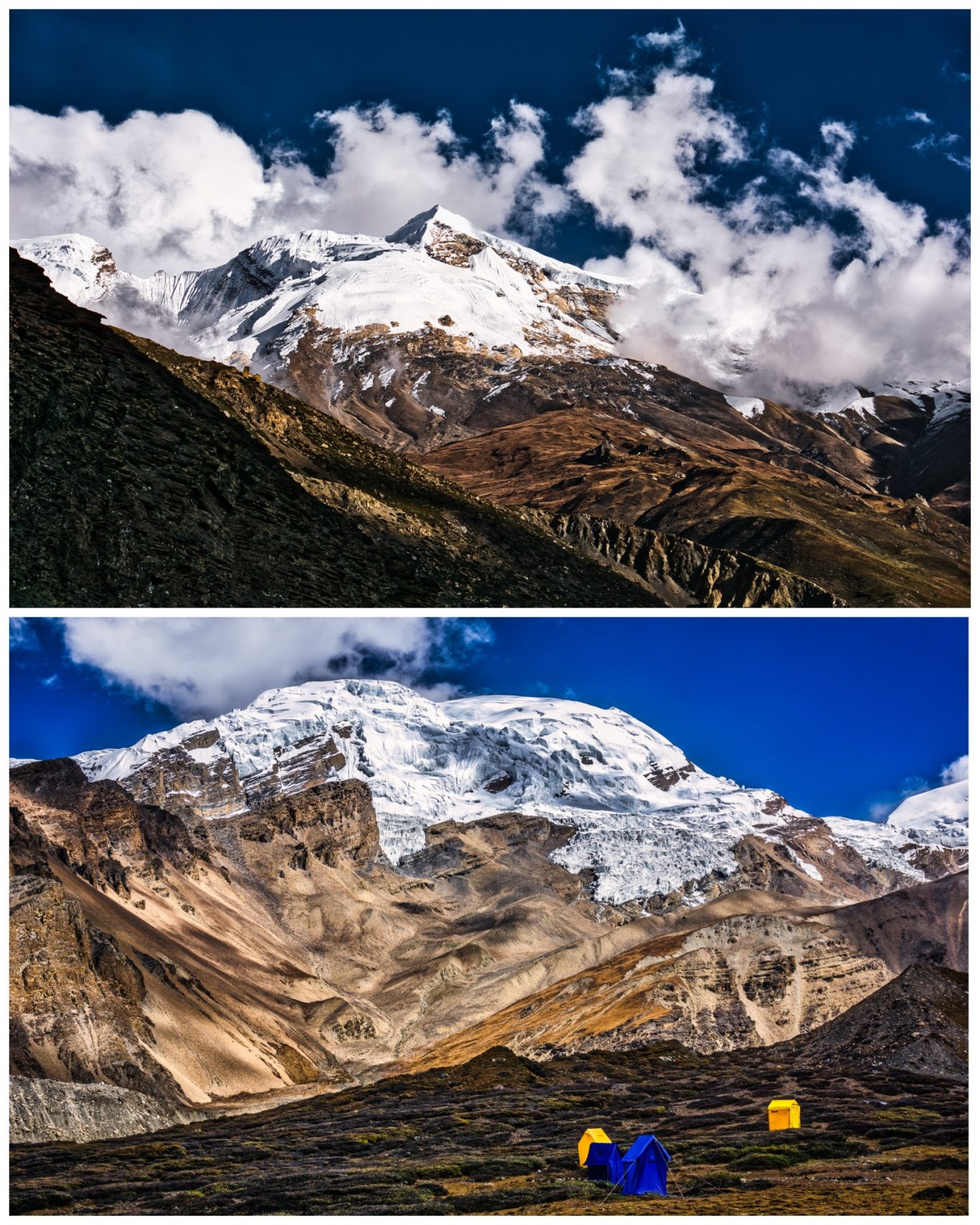 Kang Guru (6.981 m) & Panbari (6.905 m) Berglandschaft mit schneebedeckten Gipfeln und Zelten im Vordergrund.